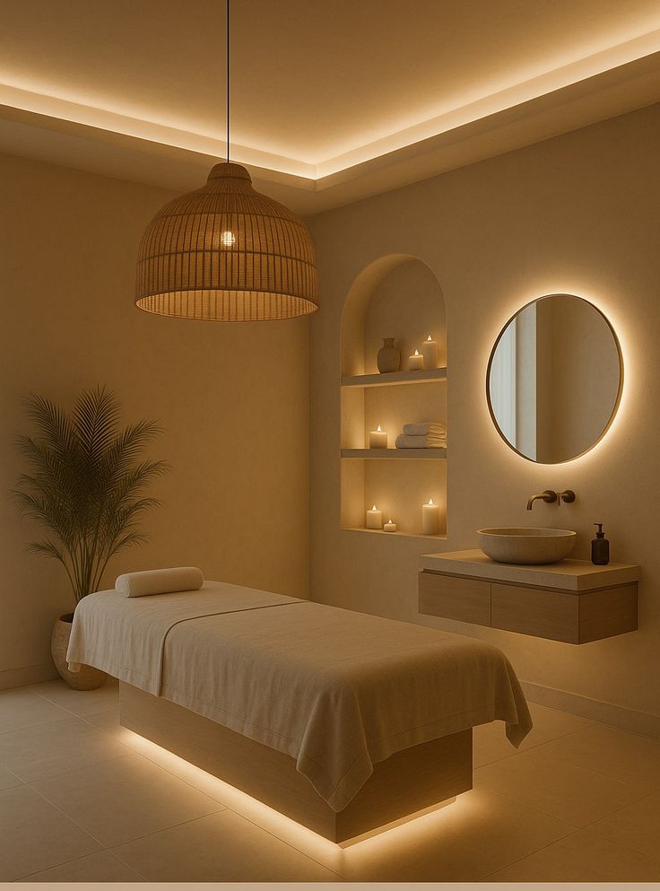 Boho Luxury Spa Room with Minimalist Ambient Lighting Designed by ELEXTRIC Serene spa room with ambient lighting, massage table, soft candles, and calming decor for relaxation and wellness therapy. | Sky Rye Design Serene spa room with ambient lighting, massage table, soft candles, and calming decor for relaxation and wellness therapy.