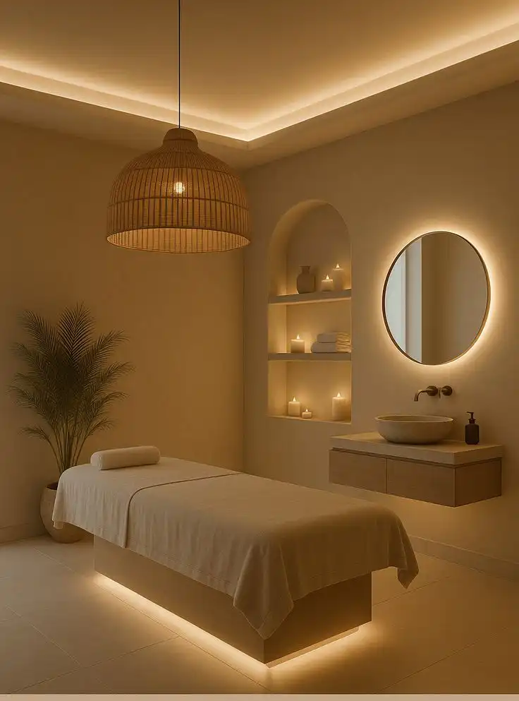 Serene spa room with ambient lighting, massage table, soft candles, and calming decor for relaxation and wellness therapy.