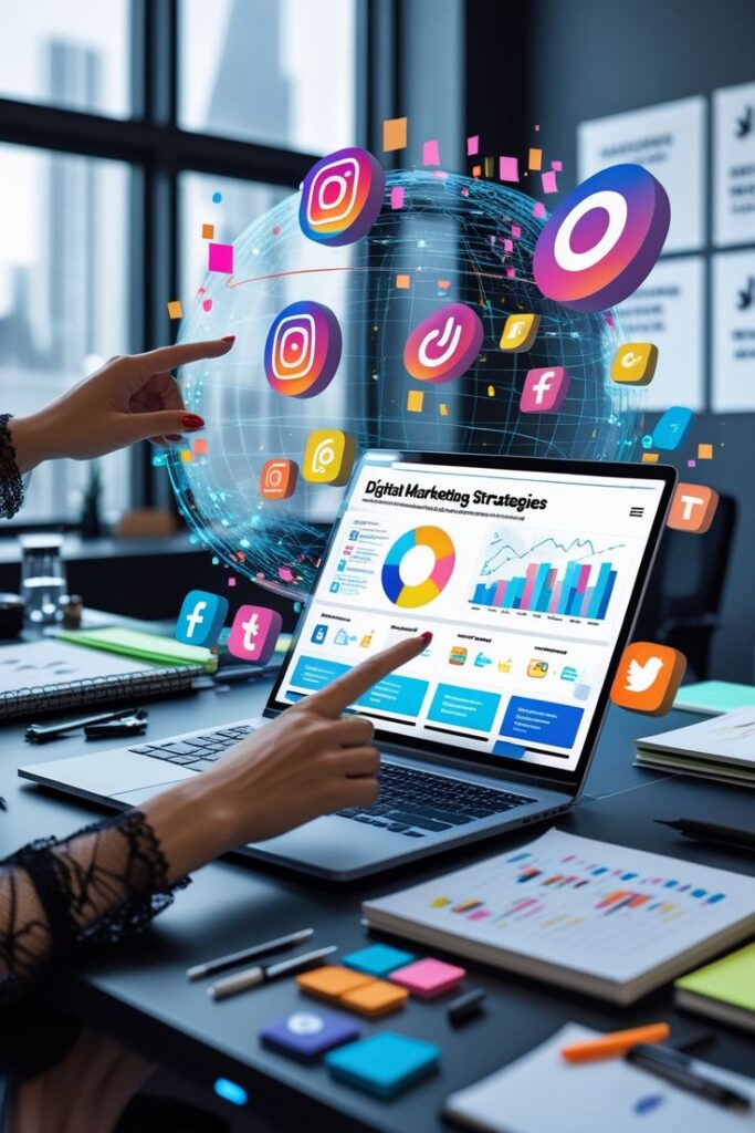 Brand Awareness Tips_ Boost Your Visibility Get Recognized Person analyzing digital marketing strategies on a laptop with floating social media icons around, in a modern office setting. | Sky Rye Design Person analyzing digital marketing strategies on a laptop with floating social media icons around, in a modern office setting.