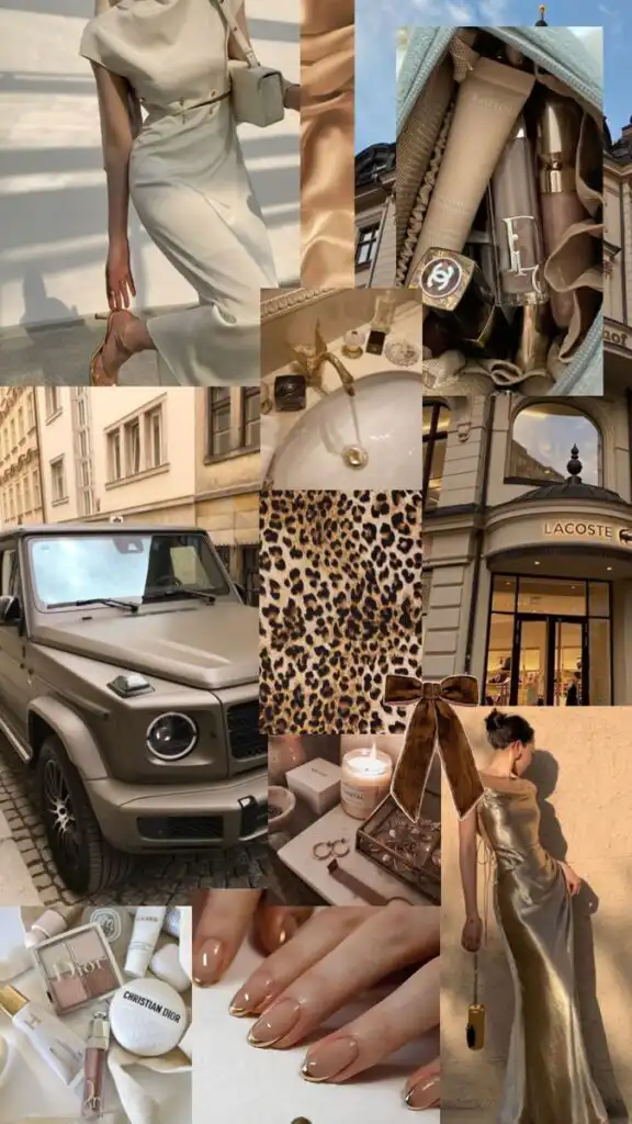 Elegant lifestyle collage with fashion, beauty, and luxury elements, including accessories, car, skincare, and a stylish dress.