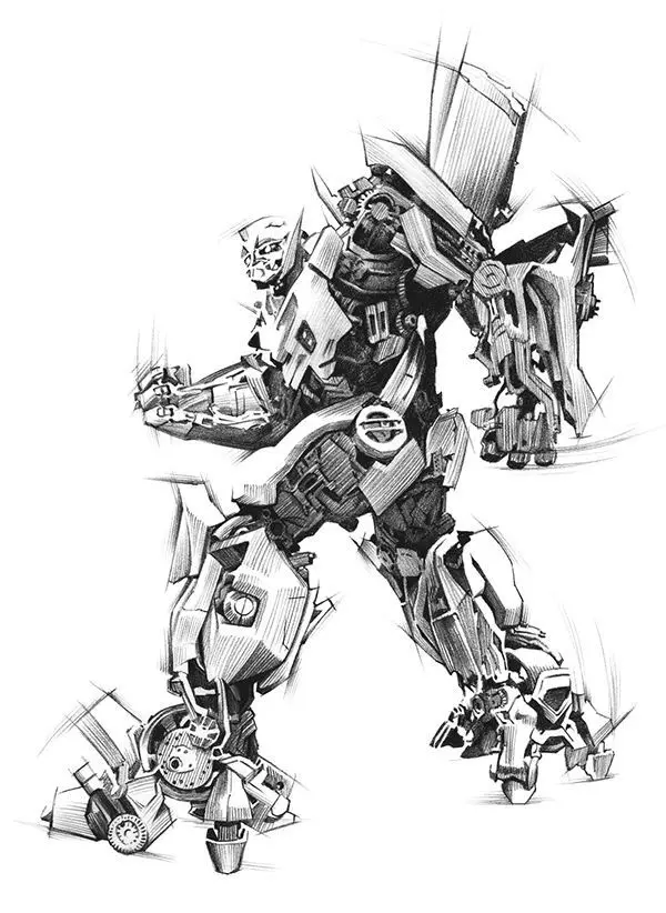 Sketch of a futuristic robot in a dynamic pose, showcasing intricate mechanical details and advanced design elements.