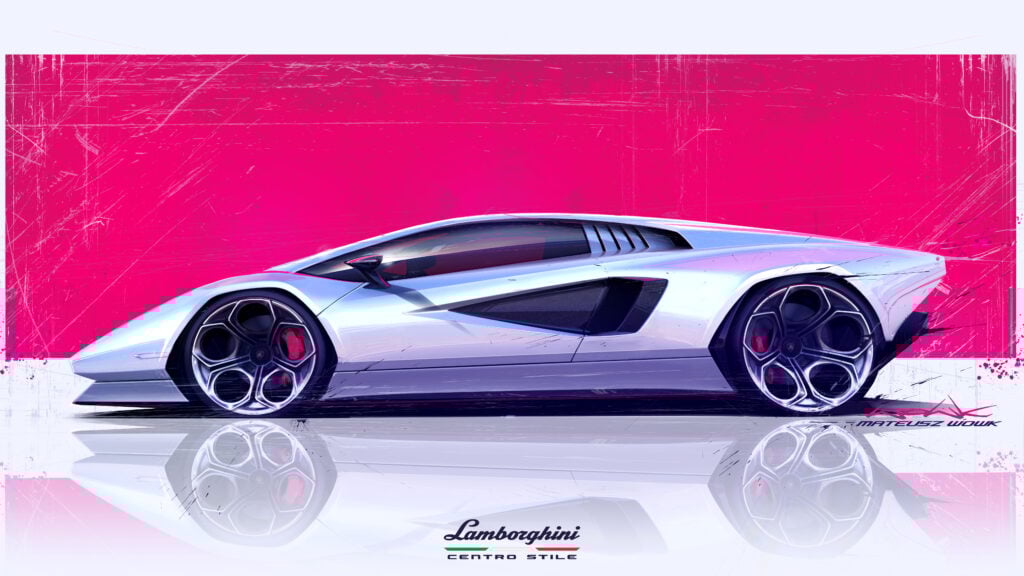 COUNTACH SKETCHES 3 Sleek and futuristic Lamborghini concept car design with a vibrant pink background, showcasing aerodynamic lines and unique | Sky Rye Design Sleek and futuristic Lamborghini concept car design with a vibrant pink background, showcasing aerodynamic lines and unique