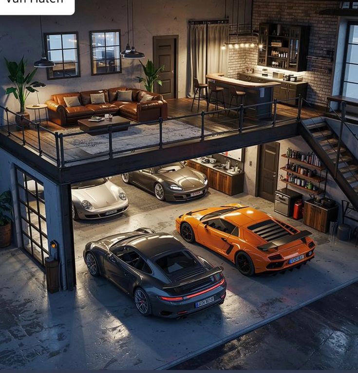 Casa de sueño Luxurious loft apartment with a cozy living space above a garage housing sleek sports cars, blending modern comfort with automotive style. | Sky Rye Design Luxurious loft apartment with a cozy living space above a garage housing sleek sports cars, blending modern comfort with automotive style.