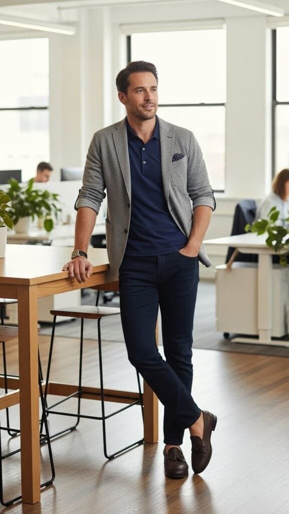 A stylish man in a modern office setting, wearing a gray blazer and blue outfit, leaning on a table, exemplifying business