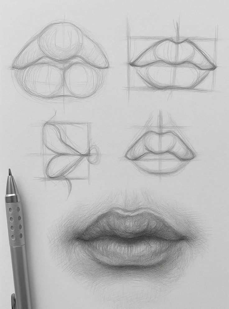 Choose - Lips drawing tutorial _ Facebook Step-by-step drawing of realistic lips with a pencil on paper, showing various stages from guidelines to completed sketch. | Sky Rye Design Step-by-step drawing of realistic lips with a pencil on paper, showing various stages from guidelines to completed sketch.