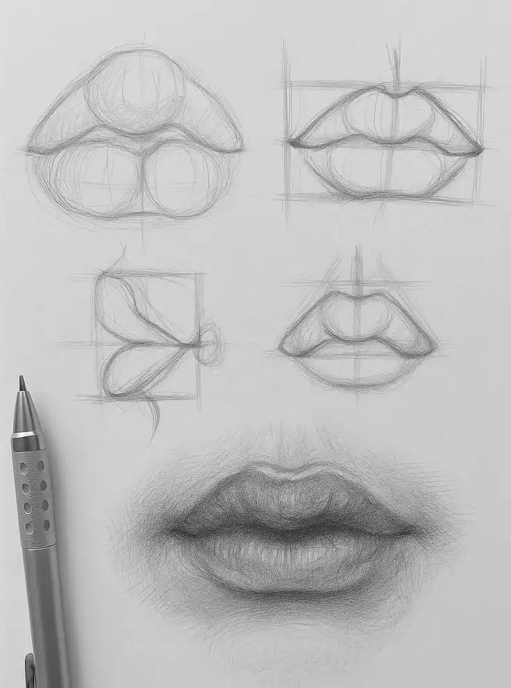 Step-by-step drawing of realistic lips with a pencil on paper, showing various stages from guidelines to completed sketch.