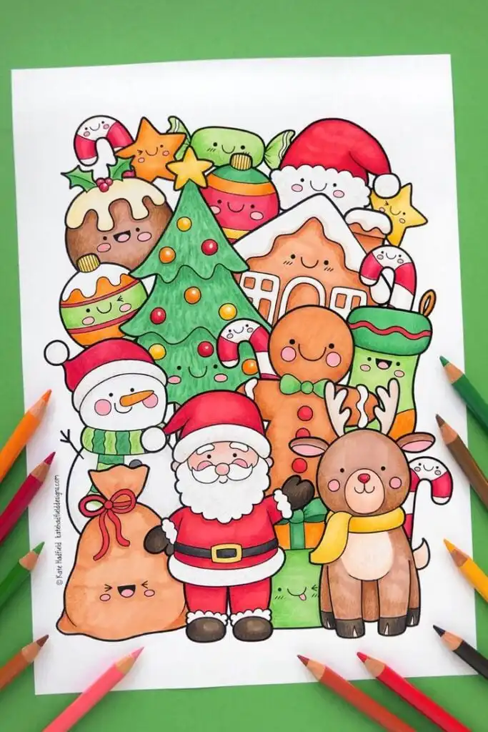 Christmas Design Simple _ Cute Kawaii Christmas Colorful Christmas doodles featuring Santa, reindeer, snowman, tree, and festive treats surrounded by colored pencils on green paper. | Sky Rye Design Colorful Christmas doodles featuring Santa, reindeer, snowman, tree, and festive treats surrounded by colored pencils on green paper.
