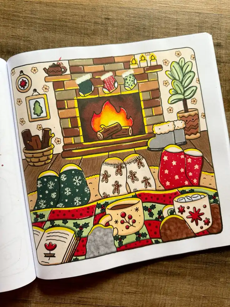 Christmas coloring Cozy holiday scene with a fireplace, stockings, mugs of hot drinks, and festive decor, illustrating a warm winter atmosphere. | Sky Rye Design Cozy holiday scene with a fireplace, stockings, mugs of hot drinks, and festive decor, illustrating a warm winter atmosphere.