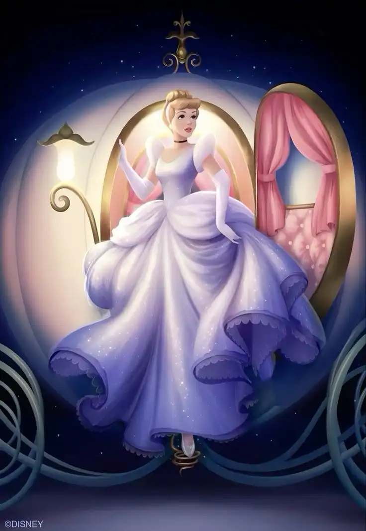 Cinderella 2 Animated princess in an elegant gown stepping from a magical carriage at night, with a starry sky backdrop. | Sky Rye Design Animated princess in an elegant gown stepping from a magical carriage at night, with a starry sky backdrop.