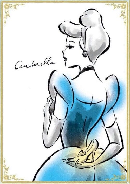 Cinderella Illustration of a fairytale princess in a blue gown, holding a golden shoe with Cinderella written beside her. | Sky Rye Design Illustration of a fairytale princess in a blue gown, holding a golden shoe with Cinderella written beside her.