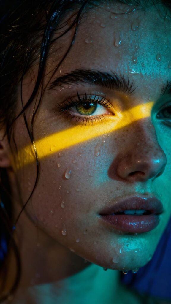 Cinematic Portrait Photography with Neon Light Water Drops Close-up of a face with water droplets and dramatic lighting highlighting the eye, creating a mysterious and intense visual effect. | Sky Rye Design Close-up of a face with water droplets and dramatic lighting highlighting the eye, creating a mysterious and intense visual effect.