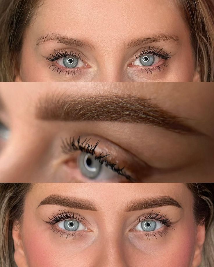 Collage PMU Close-up of blue eyes before and after eyebrow enhancement, showcasing fuller brows and enhanced beauty. Perfect for beauty transformation content. | Sky Rye Design Close-up of blue eyes before and after eyebrow enhancement, showcasing fuller brows and enhanced beauty. Perfect for beauty transformation content.