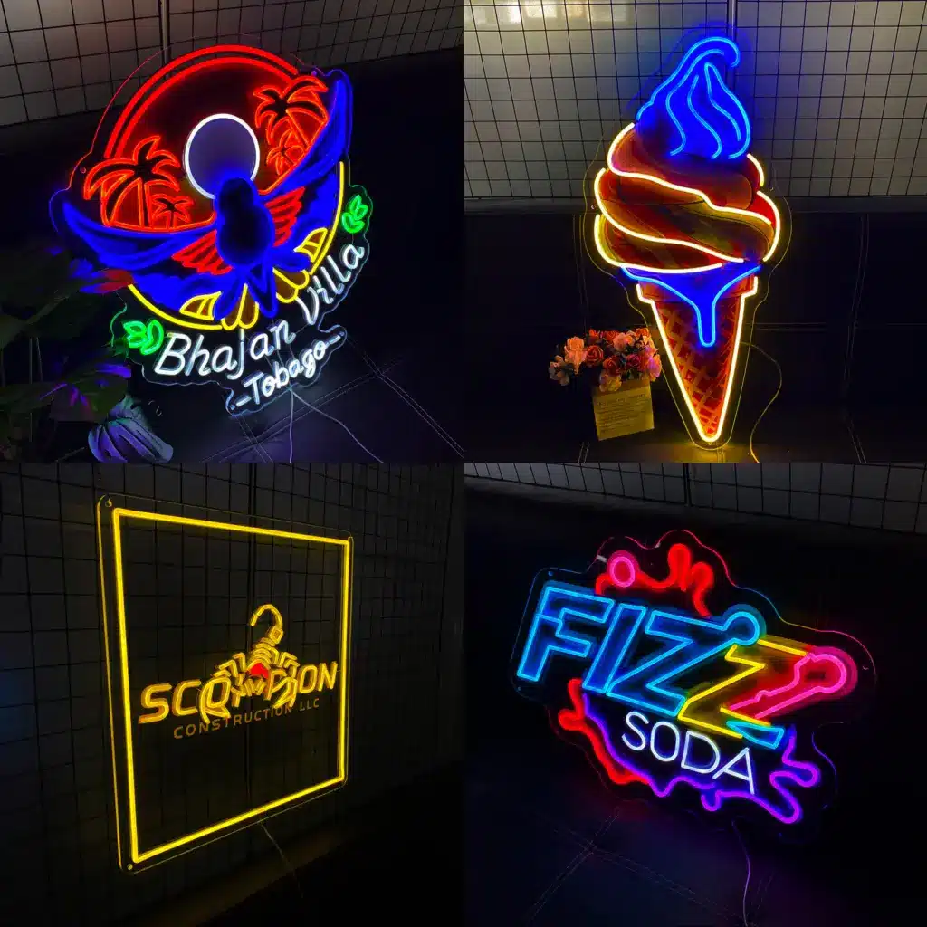 Collage_4 Colorful neon signs featuring a parrot, ice cream cone, scorpion logo, and Fizz Soda. Bright, eye-catching designs on dark background. | Sky Rye Design Colorful neon signs featuring a parrot, ice cream cone, scorpion logo, and Fizz Soda. Bright, eye-catching designs on dark background.