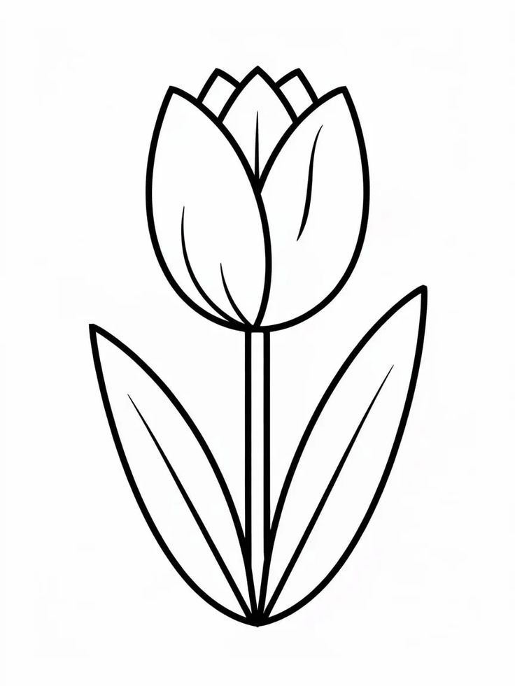 Simple black and white tulip line drawing with leaves, ideal for coloring or floral design inspiration.