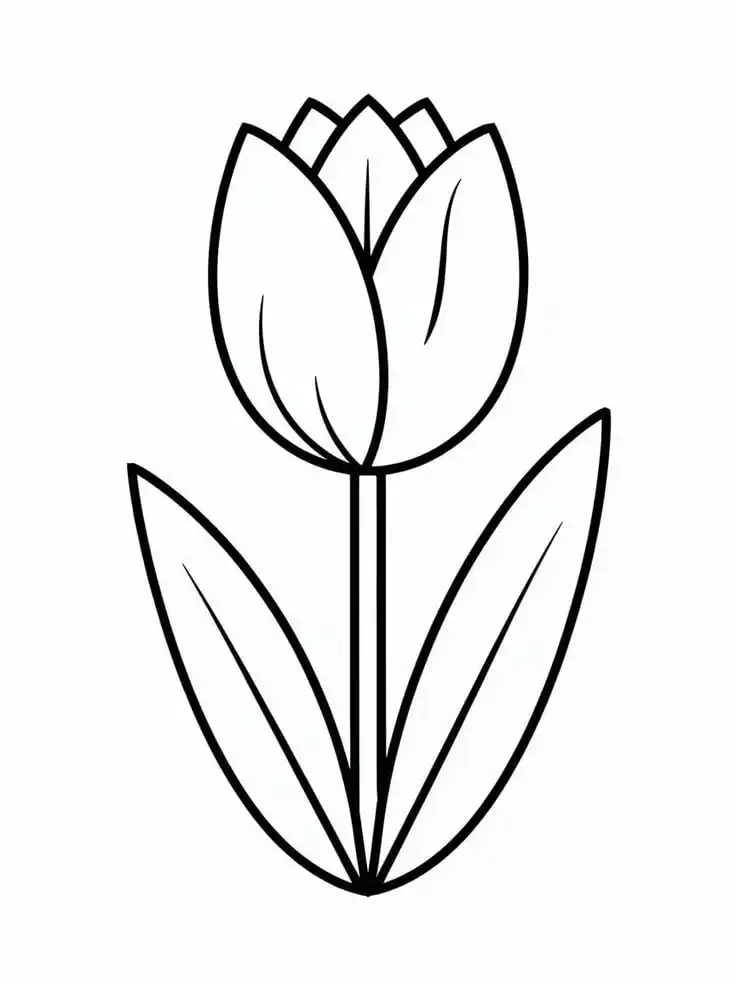 Simple black and white tulip line drawing with leaves, ideal for coloring or floral design inspiration.