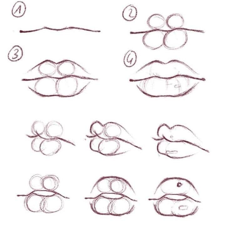 Como dibujar labios Step-by-step sketch tutorial on drawing lips, showing progression from simple lines to detailed features. Perfect for art beginners. | Sky Rye Design Step-by-step sketch tutorial on drawing lips, showing progression from simple lines to detailed features. Perfect for art beginners.