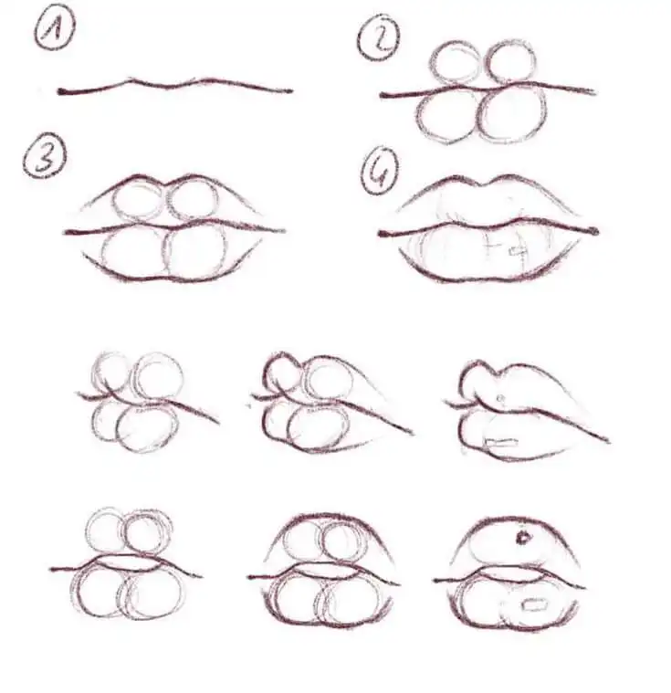 Step-by-step sketch tutorial on drawing lips, showing progression from simple lines to detailed features. Perfect for art beginners.