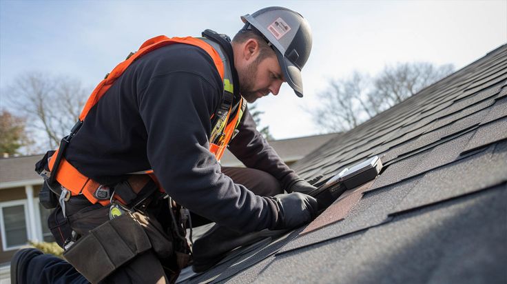 Comprehensive Guide to Roof Inspection Frequency Roofer in safety gear installing shingles on a roof. Professional roofing services, construction, home improvement, safety equipment. | Sky Rye Design Roofer in safety gear installing shingles on a roof. Professional roofing services, construction, home improvement, safety equipment.