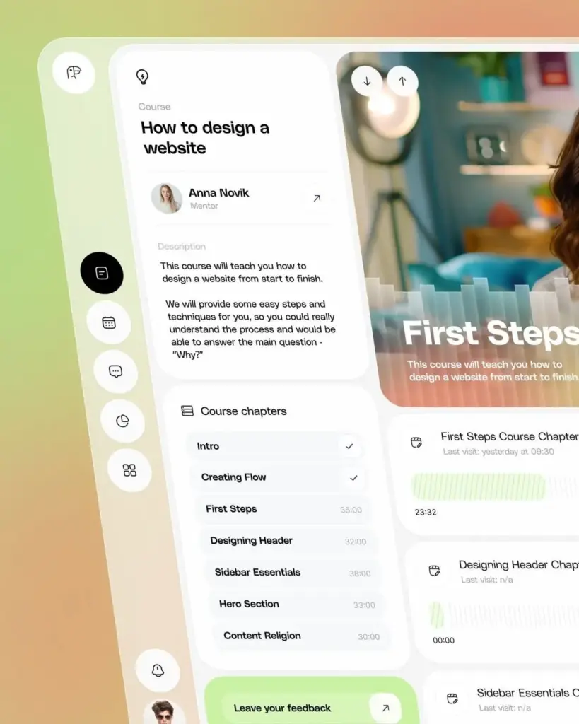 Content-First UI 1 Online course interface on website design featuring modules, mentor details, and progress tracking under the title How to Design a Website. | Sky Rye Design Online course interface on website design featuring modules, mentor details, and progress tracking under the title How to Design a Website.