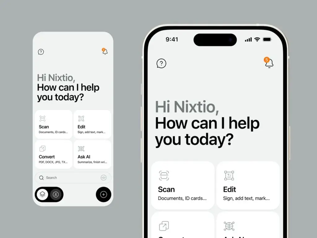 Content-First UI 2 Mobile app interface showing options for scanning, editing, converting documents, and AI assistance, with user-friendly design. | Sky Rye Design Mobile app interface showing options for scanning, editing, converting documents, and AI assistance, with user-friendly design.