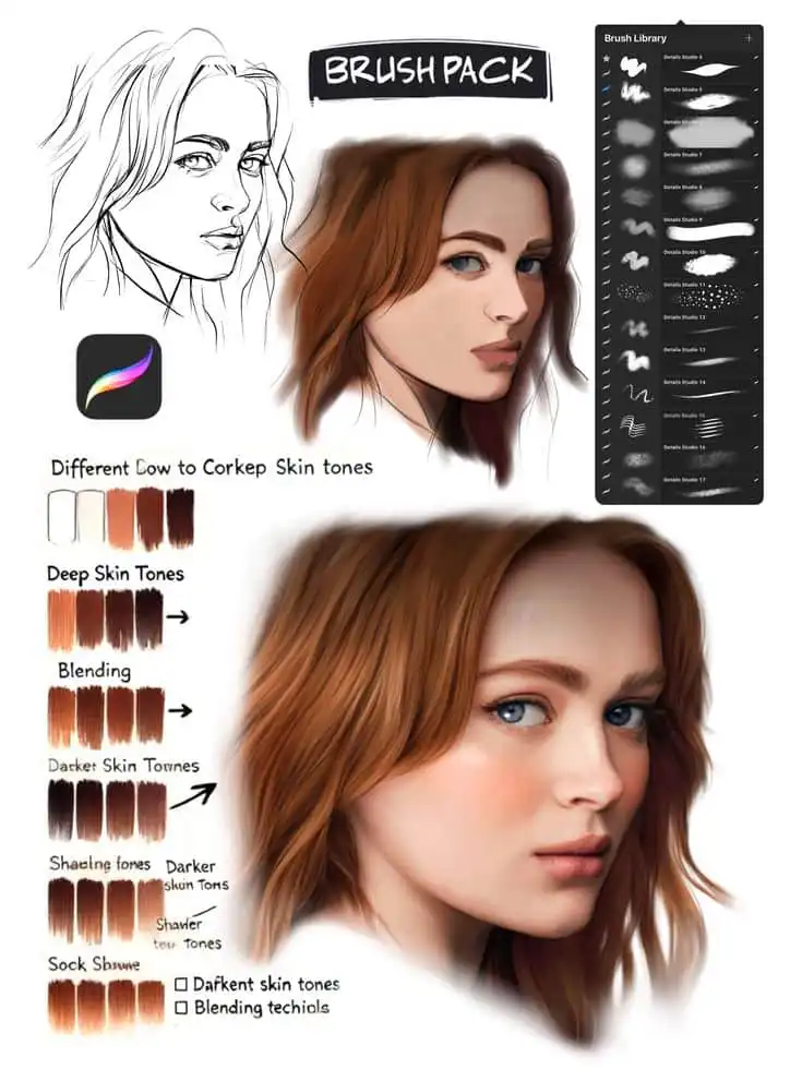Digital art brush pack for Procreate featuring skin tone samples and realistic portrait techniques. Perfect for illustrators and designers.