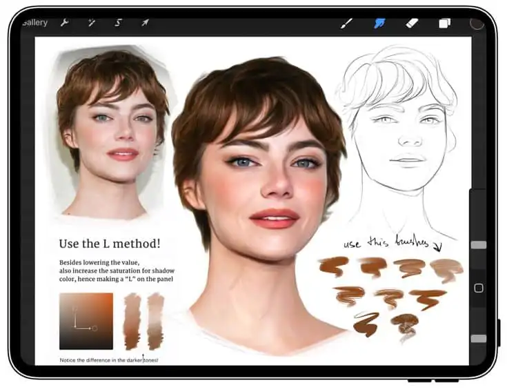 Digital portrait art tutorial on a tablet screen, showcasing shading techniques, brush samples, and step-by-step illustration tips.
