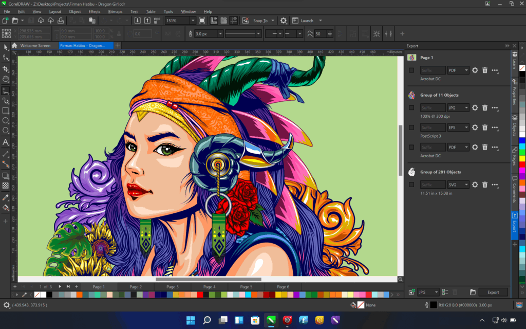 CorelDRAWWindows-Multi-Asset-Export-EN Colorful digital artwork of a woman with vibrant hair and ornate headdress in CorelDRAW; screen showing design layers and tools. | Sky Rye Design Colorful digital artwork of a woman with vibrant hair and ornate headdress in CorelDRAW; screen showing design layers and tools.