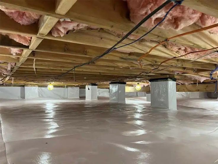 Crawl space with vapor barrier and insulation, featuring wooden beams and pillars, ensuring a dry and protected home