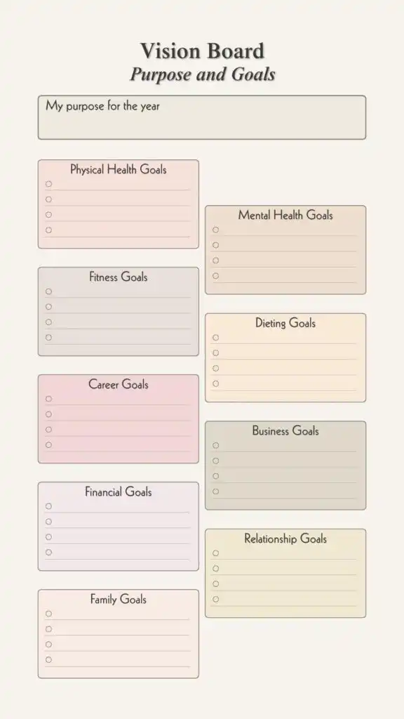 Create Your Personal Growth Motivation Digital Vision Board Today Vision board template for setting goals: physical, mental health, fitness, dieting, career, business, financial, relationship, and family. | Sky Rye Design Vision board template for setting goals: physical, mental health, fitness, dieting, career, business, financial, relationship, and family.