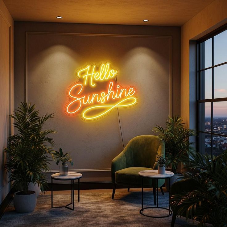 Custom Name Neon Sign for Bedroom Decor _ Personalized LED Neon _ Neon Name Light Cozy room with a neon Hello Sunshine sign on the wall, green armchair, potted plants, and city view window at sunset. | Sky Rye Design Cozy room with a neon Hello Sunshine sign on the wall, green armchair, potted plants, and city view window at sunset.
