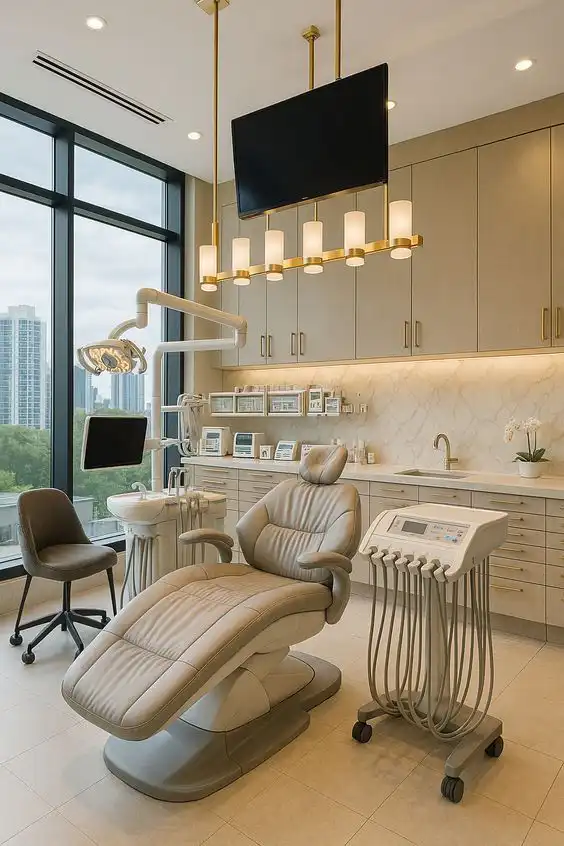 Dental Career 1 Modern dental office with plush chair, advanced equipment, stylish lighting, and city views through large windows. Clean and professional. | Sky Rye Design Modern dental office with plush chair, advanced equipment, stylish lighting, and city views through large windows. Clean and professional.