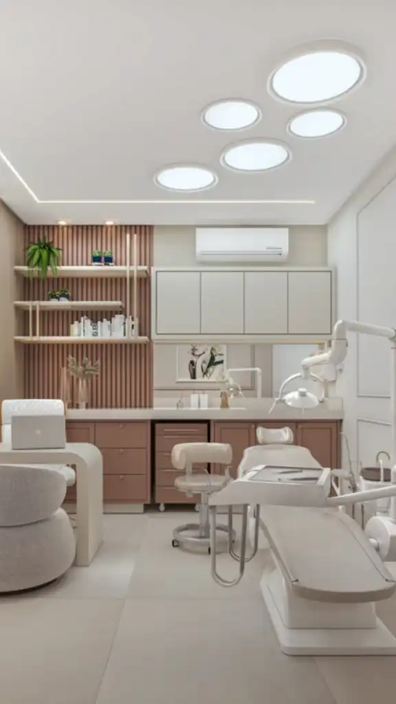 Dental Career 3 Modern dental office with sleek design, featuring an ergonomic chair, shelving with plants, and ambient lighting. | Sky Rye Design Modern dental office with sleek design, featuring an ergonomic chair, shelving with plants, and ambient lighting.
