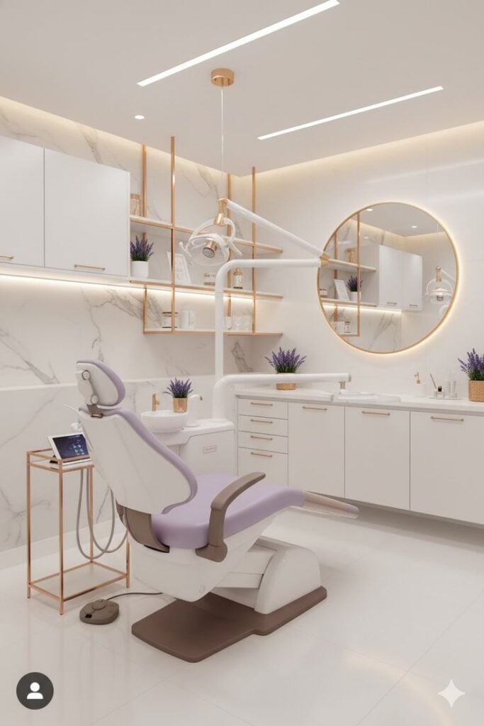 Dental Career 4 Modern dental clinic interior with a purple dental chair, marble walls, wooden shelves, and warm lighting for a welcoming atmosphere. | Sky Rye Design Modern dental clinic interior with a purple dental chair, marble walls, wooden shelves, and warm lighting for a welcoming atmosphere.