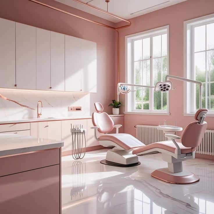 Dental Career 5 Modern dental office in pink and white, featuring a dental chair, tools, bright lighting, and large windows. Clean and professional design. | Sky Rye Design Modern dental office in pink and white, featuring a dental chair, tools, bright lighting, and large windows. Clean and professional design.