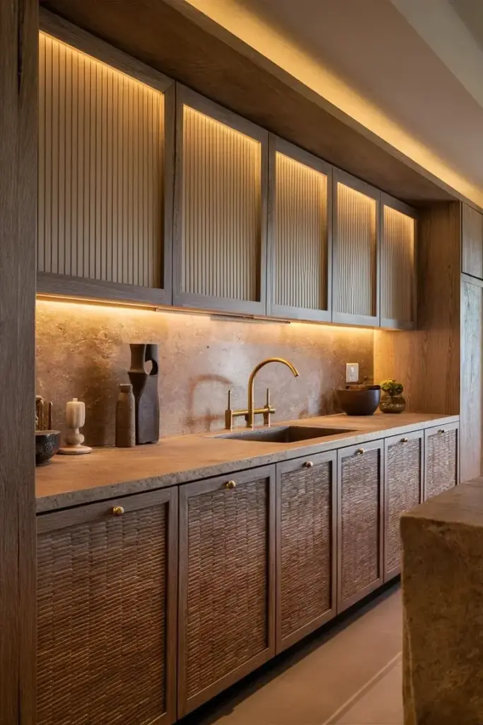 Modern kitchen interior with warm lighting, wooden cabinets, and a sleek countertop featuring decorative items and a gold faucet.