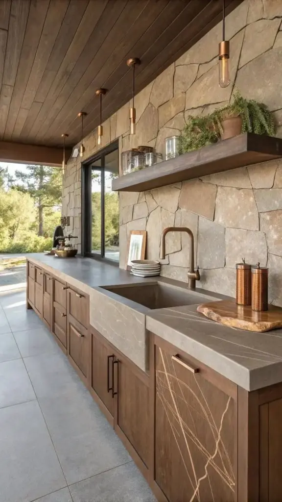 Modern kitchen with stone wall, wooden cabinets, and sleek pendant lighting. Scenic view through window adds natural charm. Earthy tones enhance warmth.
