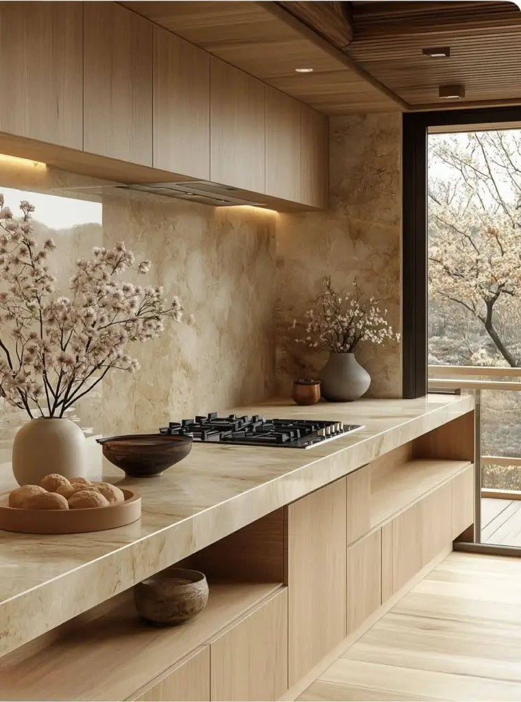 Modern kitchen with marble countertops, built-in stove, and wooden cabinets. Vase with flowers adds elegance and warmth to the space.