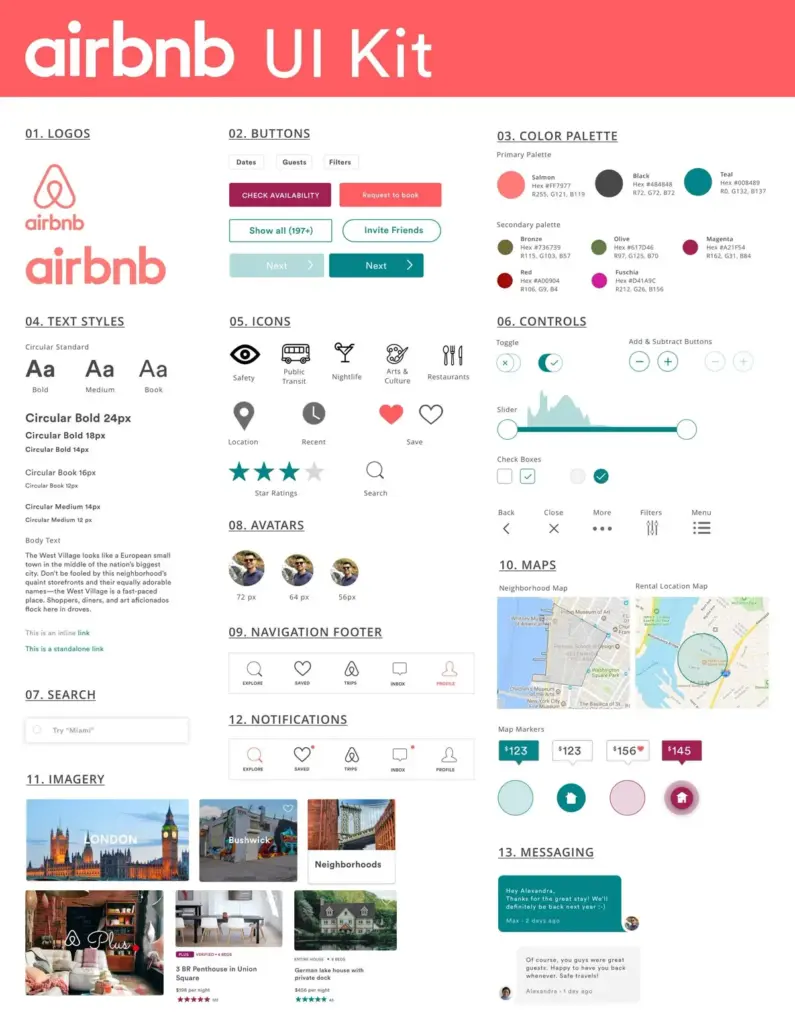 Design System 1 Airbnb UI Kit showcasing logos, buttons, color palette, icons, and various design elements for app interface development. | Sky Rye Design Airbnb UI Kit showcasing logos, buttons, color palette, icons, and various design elements for app interface development.