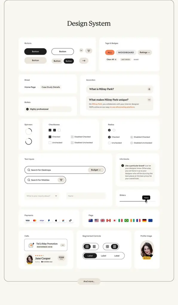 Design System 2 Design system showcasing various UI components like buttons, sliders, checkboxes, text inputs, and flags for streamlined web design. | Sky Rye Design Design system showcasing various UI components like buttons, sliders, checkboxes, text inputs, and flags for streamlined web design.