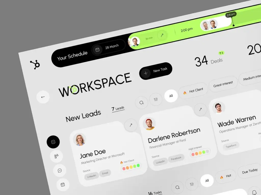 Design System 3 Dashboard interface displaying workspace management with leads, tasks, and schedule for effective project organization and client tracking. | Sky Rye Design Dashboard interface displaying workspace management with leads, tasks, and schedule for effective project organization and client tracking.