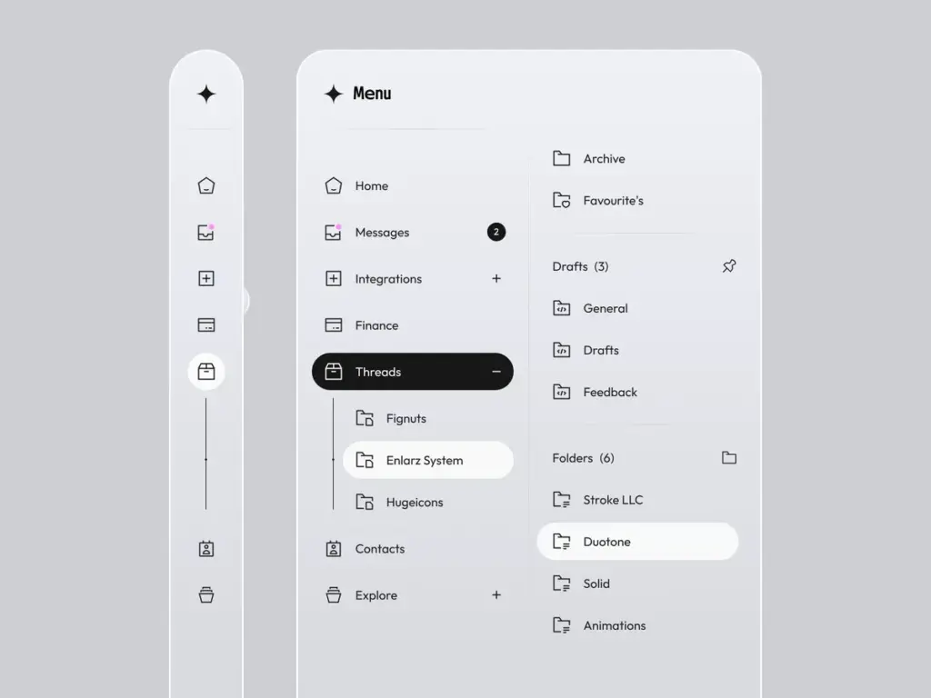 Design System 4 Minimalist UI design showing a sidebar menu with icons and folder options for messages, finance, and threads in a sleek layout. | Sky Rye Design Minimalist UI design showing a sidebar menu with icons and folder options for messages, finance, and threads in a sleek layout.