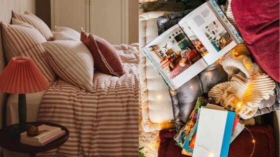 Design Tips for a Cozy Yet Stylish Bedroom 2 Cozy bedroom with striped bedding and decorative pillows; a reading nook with an open book, cushions, and string lights. | Sky Rye Design Cozy bedroom with striped bedding and decorative pillows; a reading nook with an open book, cushions, and string lights.