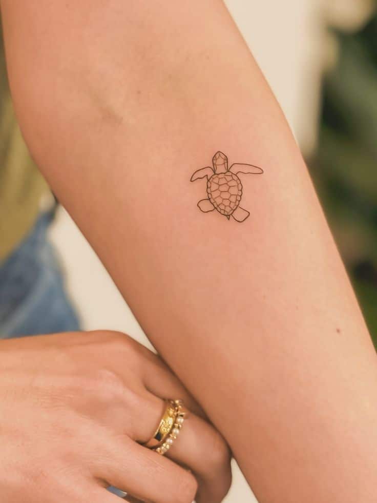 Die Schildkröte erinnert uns daran dass wahre Minimalist turtle tattoo on forearm with gold rings — elegant ink design symbolizing longevity and tranquility. | Sky Rye Design Minimalist turtle tattoo on forearm with gold rings — elegant ink design symbolizing longevity and tranquility.