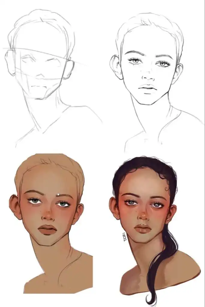 Step-by-step female portrait drawing process: sketch, outline, coloring, and shading, showcasing realistic digital art techniques.