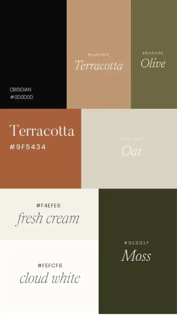 Color palette featuring obsidian, terracotta, olive, oat, fresh cream, cloud white, and moss with hex codes for design inspiration.