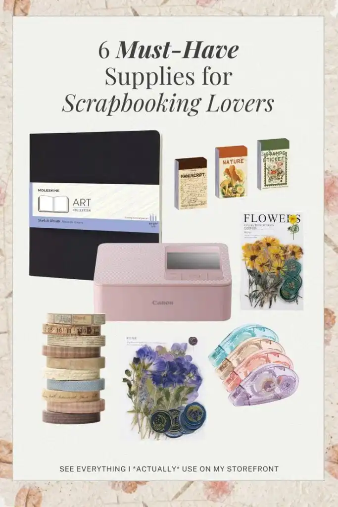 6 essential scrapbook supplies: sketch album, printer, washi tape, themed books, dried flowers, and stamps for creative projects.