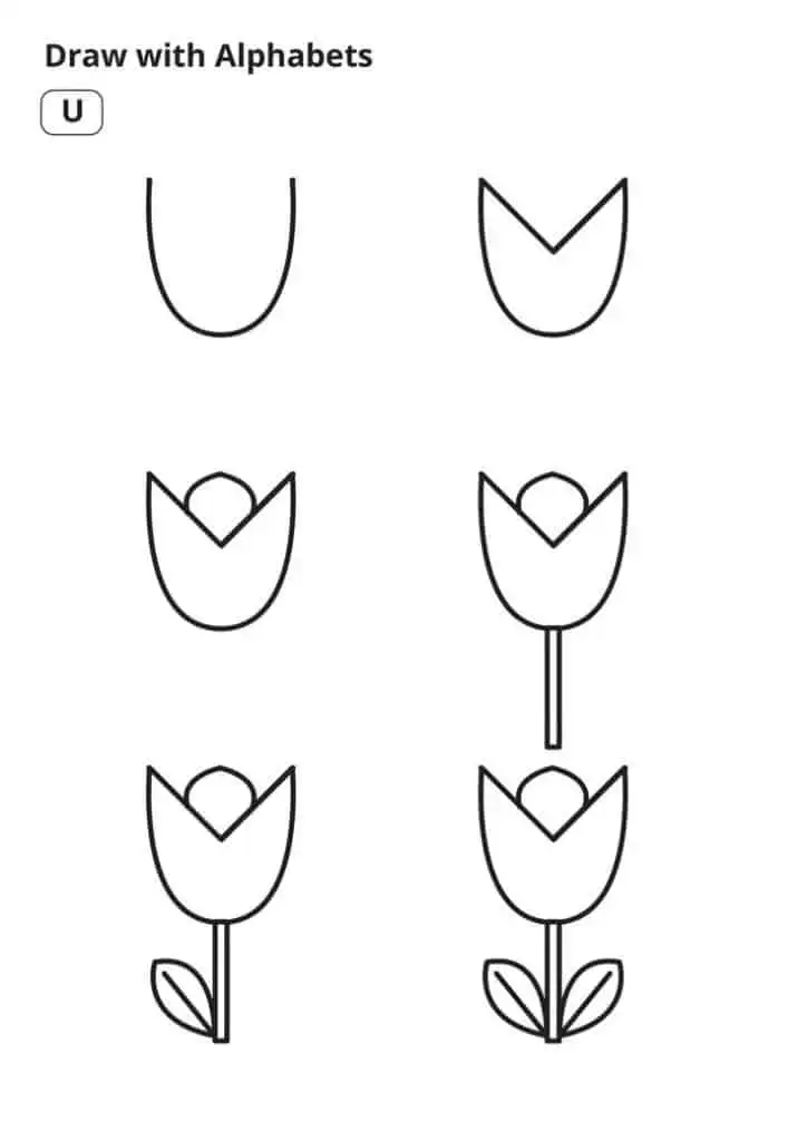 Step-by-step drawing using alphabet U to create a flower with petals, stem, and leaves. Easy art tutorial for beginners and
