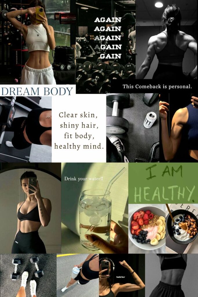 Dream Body Vision Board _ Fitness Health Motivation 💪 Fitness inspiration collage featuring workouts, healthy food, and motivational quotes for a balanced lifestyle and body transformation. | Sky Rye Design Fitness inspiration collage featuring workouts, healthy food, and motivational quotes for a balanced lifestyle and body transformation.
