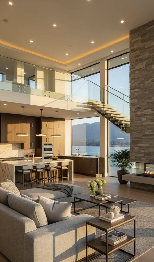 Screenshot Modern open-concept living room and kitchen with high ceilings, large windows, and a scenic view, featuring cozy furniture and elegant decor. | Sky Rye Design Modern open-concept living room and kitchen with high ceilings, large windows, and a scenic view, featuring cozy furniture and elegant decor.