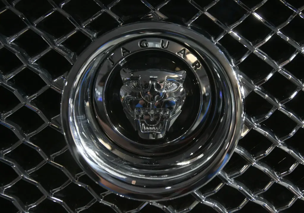 Close-up of Jaguar logo on car grille, showcasing the iconic leaping cat emblem in chrome against a stylish mesh background.